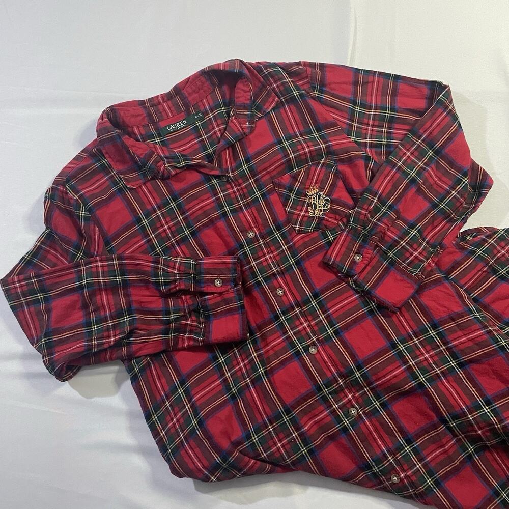 Lauren Ralph Lauren XL Red Plaid Flannel Sleepshirt Long 46" Nightgown Pockets